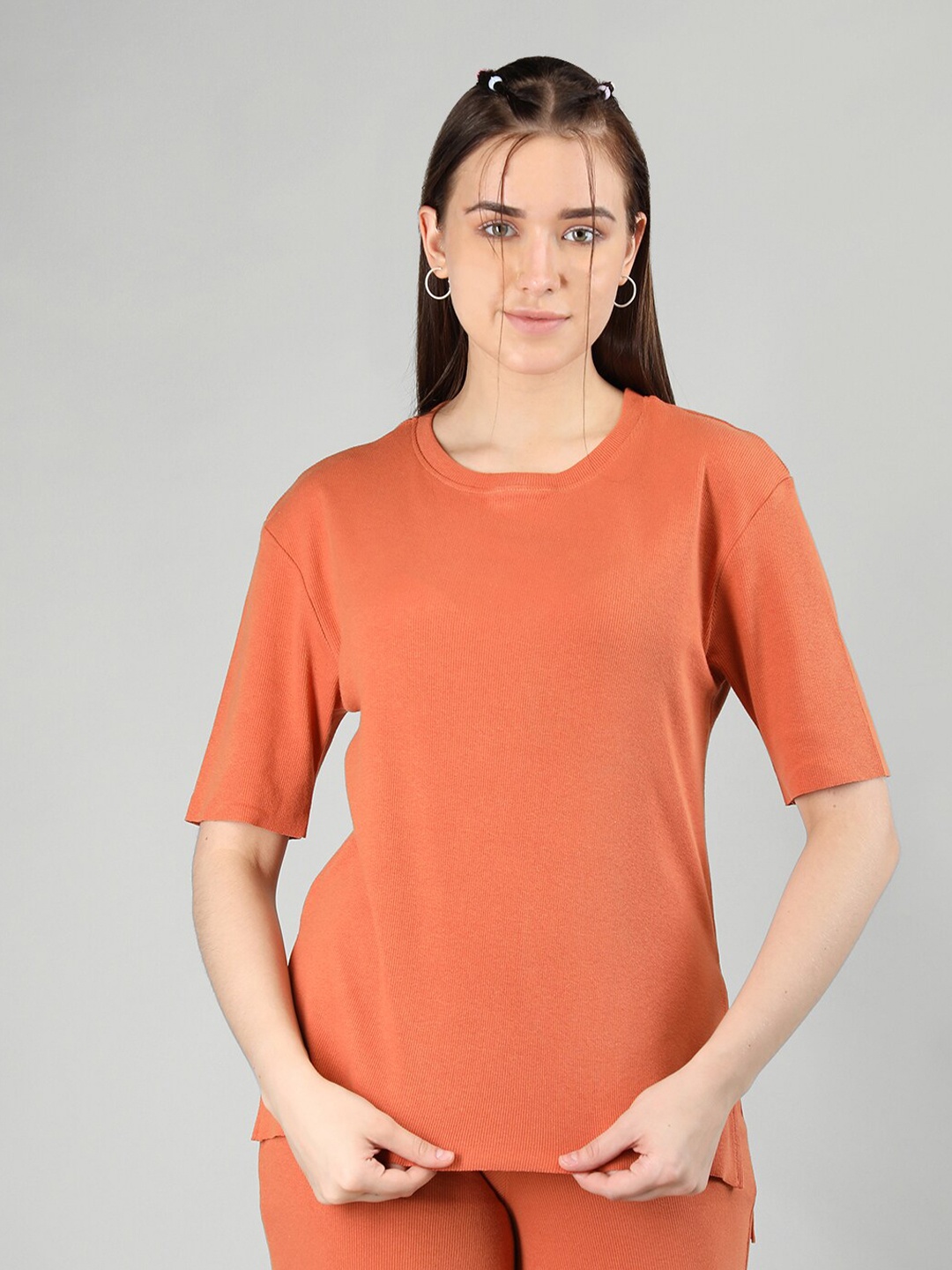 

CHKOKKO Round Neck Short Sleeves Top, Orange