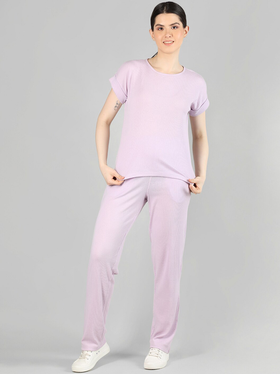 

CHKOKKO Round Neck Short Sleeves Track Suit, Pink