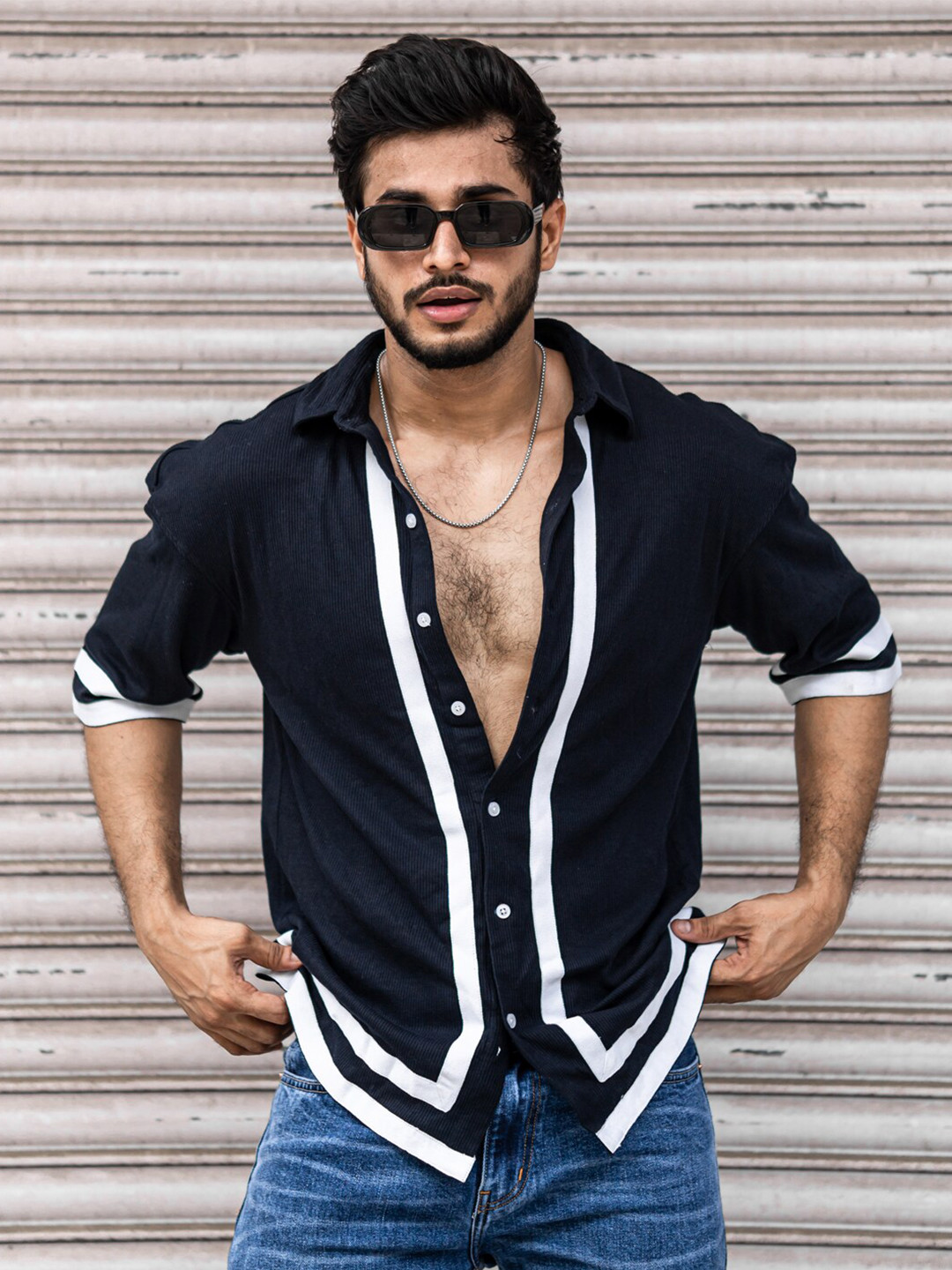 

Powerlook Navy Blue Striped Self Design Drop Shoulser Sleeve Casual Shirt