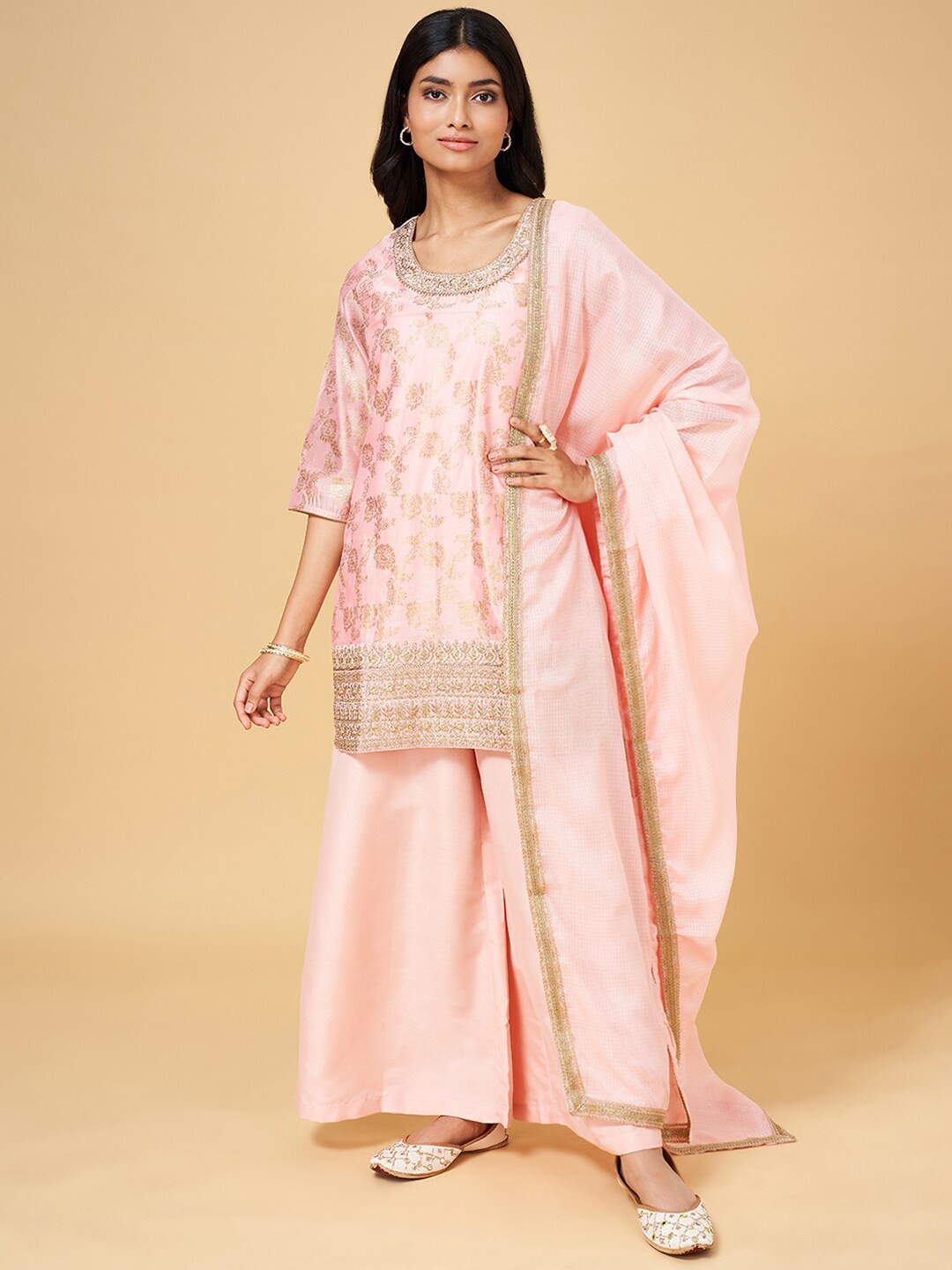 

RANGMANCH BY PANTALOONS Floral Printed Chanderi Silk Kurta with Palazzos & Dupatta, Pink