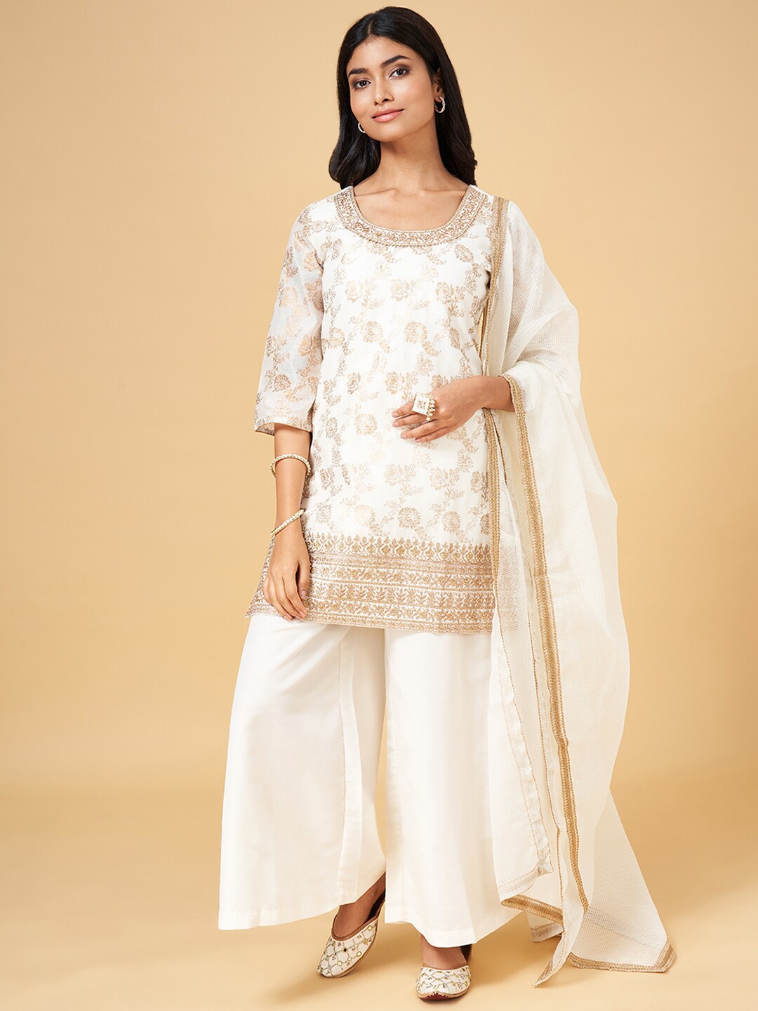 

RANGMANCH BY PANTALOONS Floral Printed Chanderi Silk Kurta with Palazzos & Dupatta, White