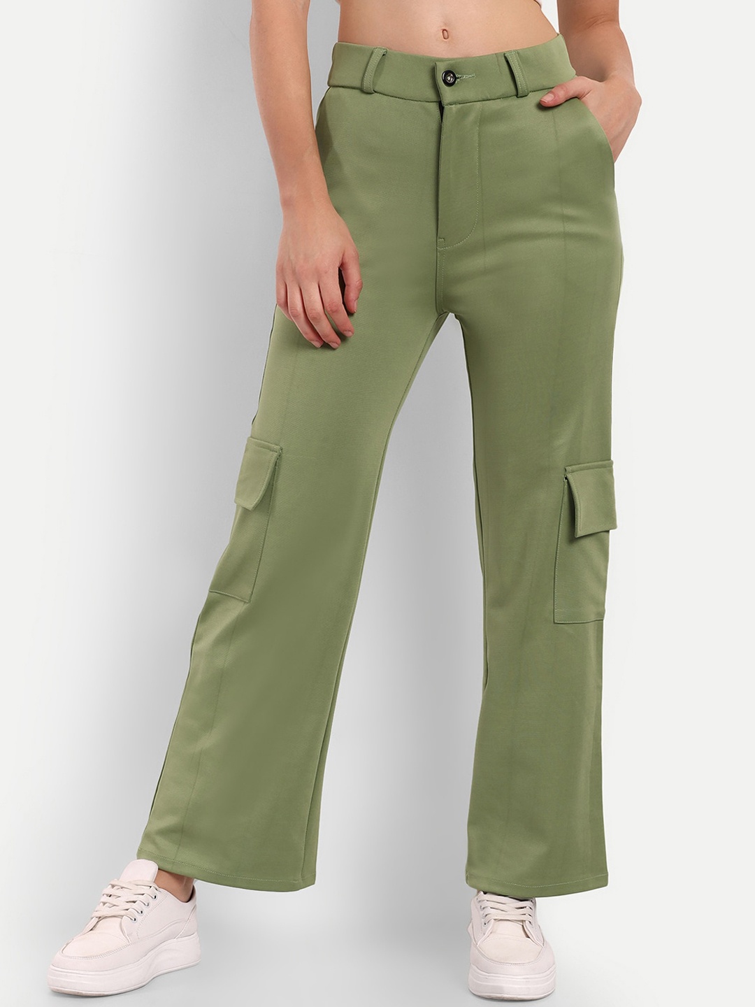 

BROADSTAR Women Straight Fit High-Rise Easy Wash Cargos Trousers, Green