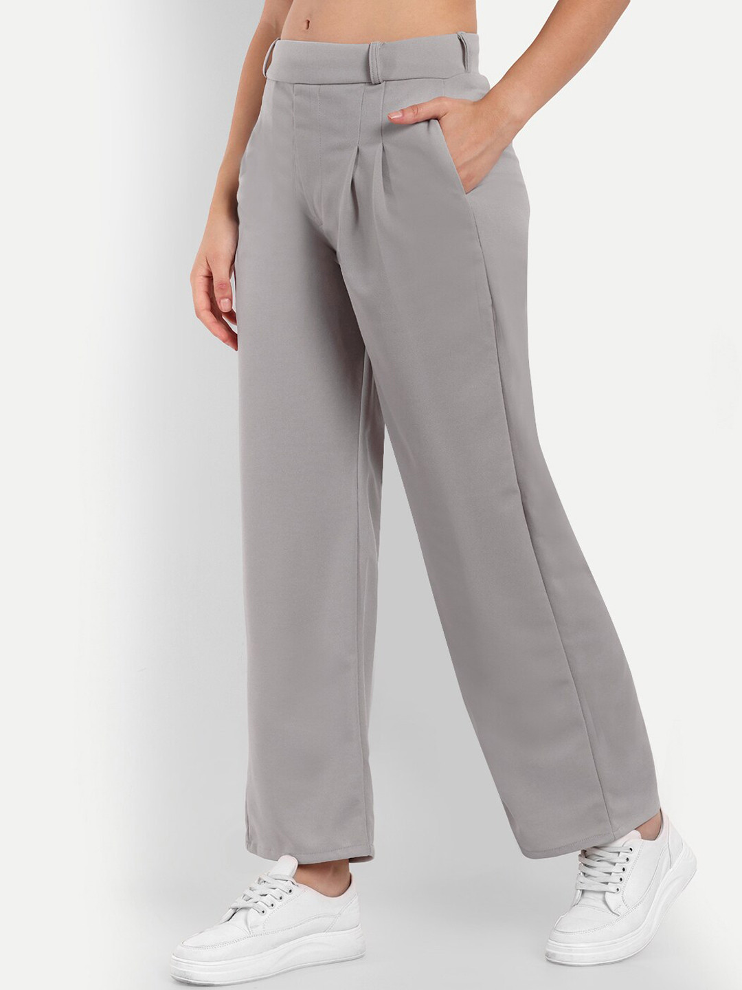 

BROADSTAR Women Mid-Rise Smart Loose Fit Easy Wash Trousers, Grey