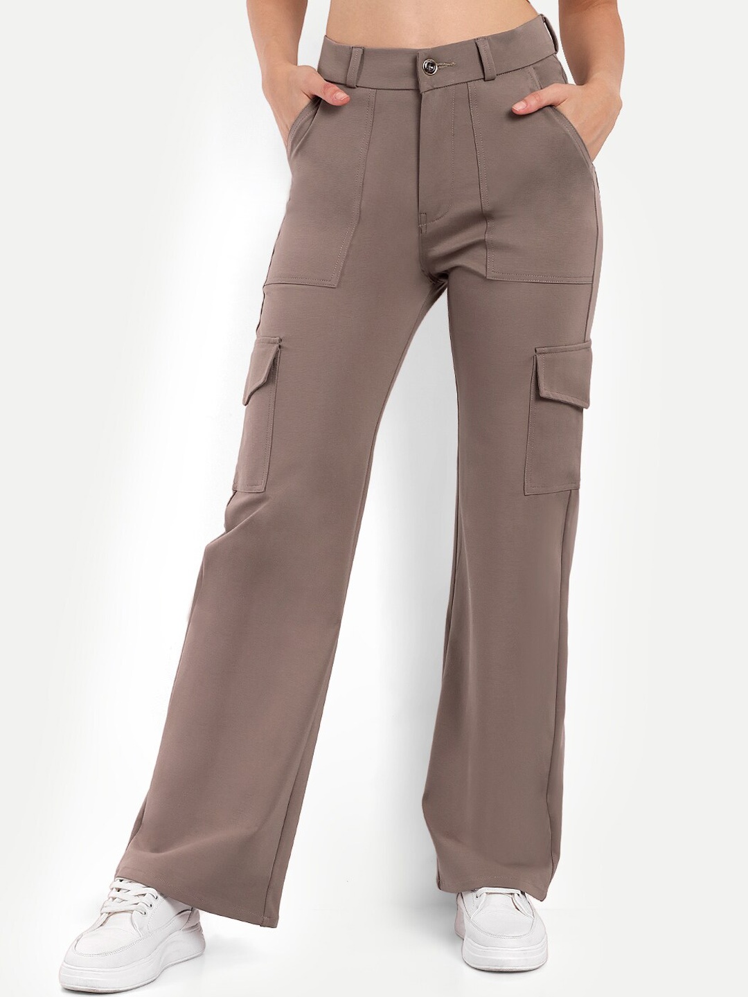 

BROADSTAR Women Relaxed Straight Fit High-Rise Easy Wash Parallel Trousers, Brown