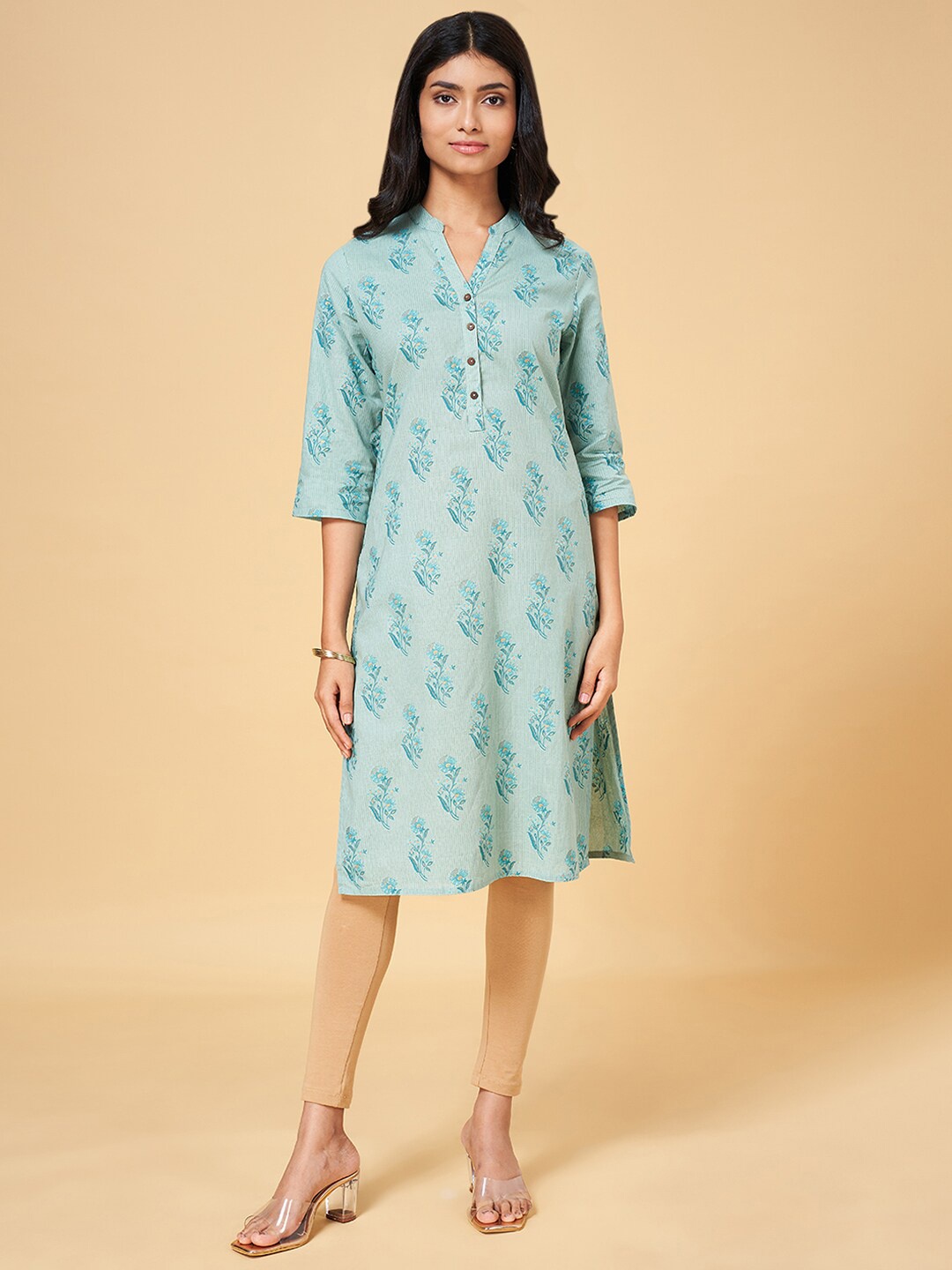 

RANGMANCH BY PANTALOONS Floral Printed Mandarin Collar Pure Cotton Kurta, Turquoise blue