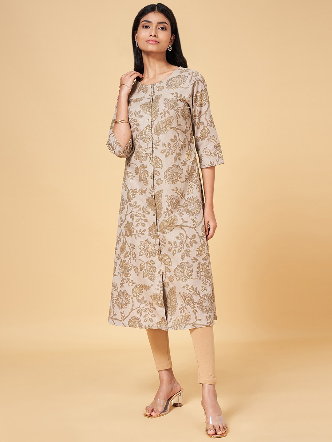 

RANGMANCH BY PANTALOONS Floral Printed A-Line Kurta, Beige