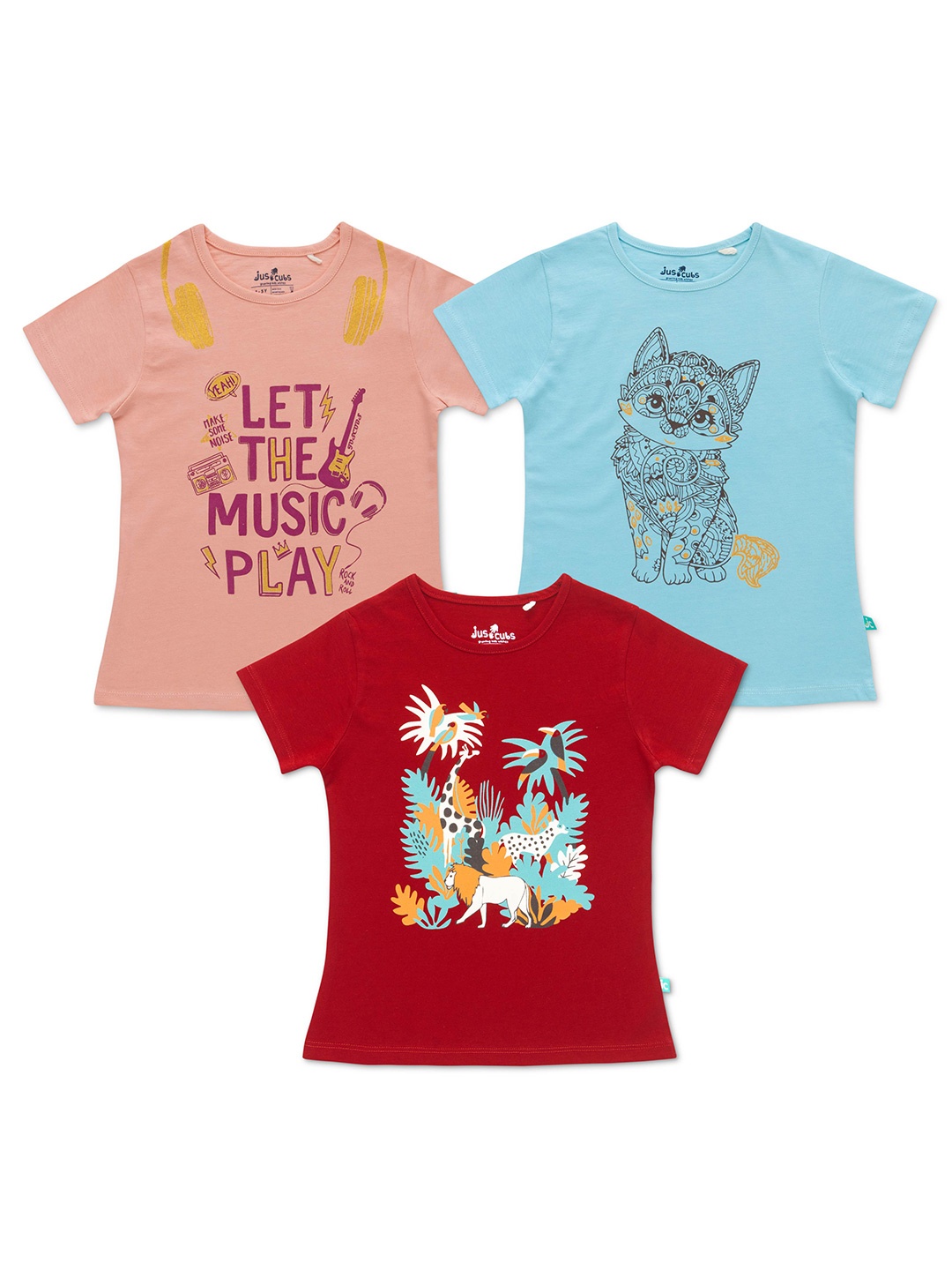 

JusCubs Girls Pack Of 3 Printed Cotton T-shirts, Red