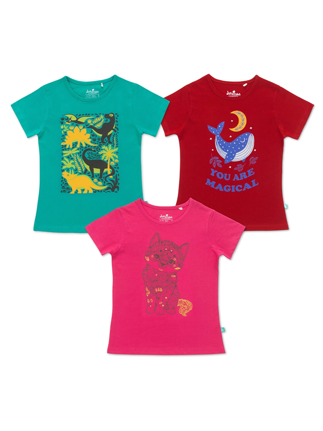 

JusCubs Girls Pack Of 3 Printed Cotton T-shirts, Pink