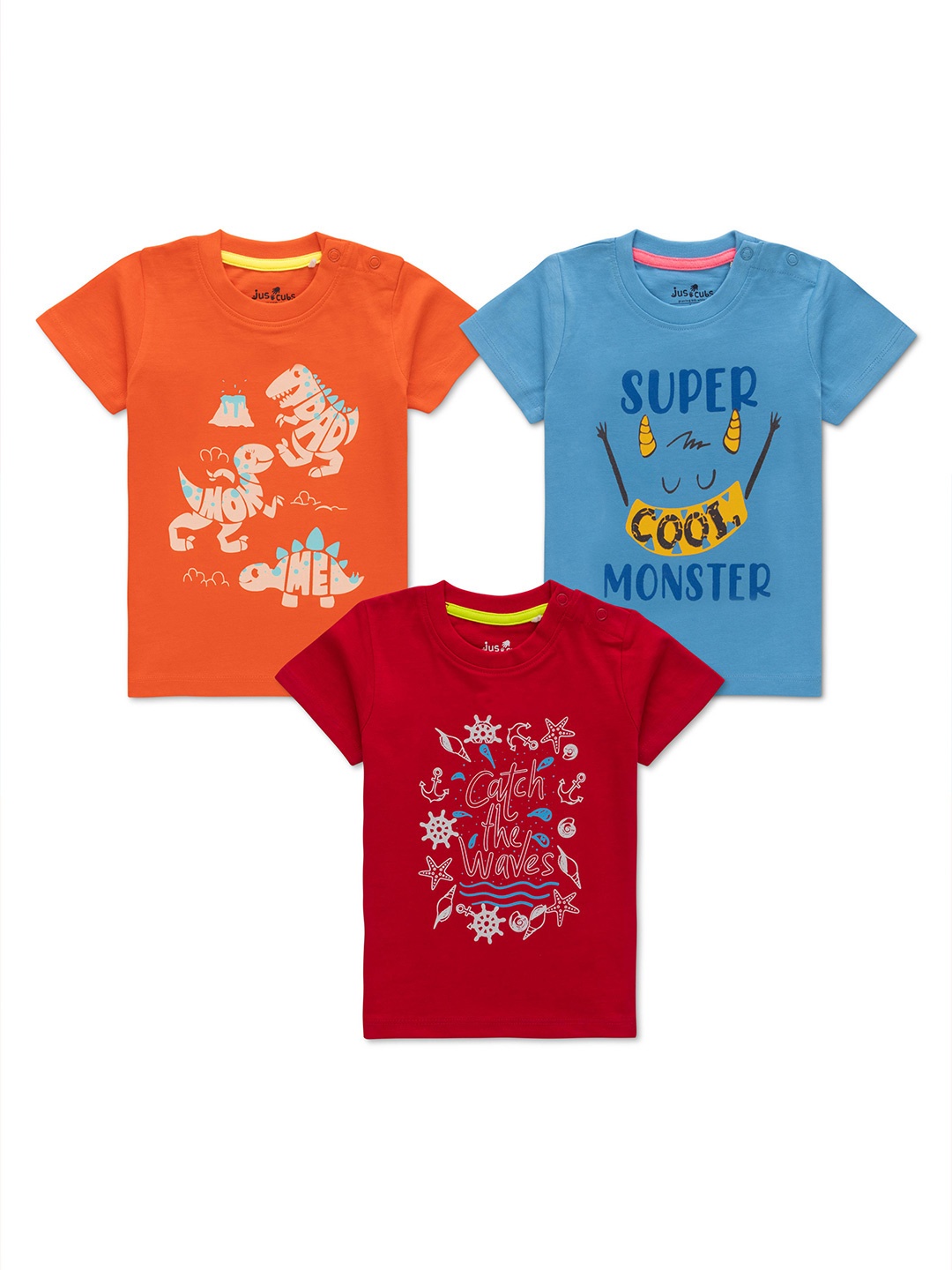 JusCubs Infant Boys Pack Of 3 Printed Cotton T-shirts, Blue