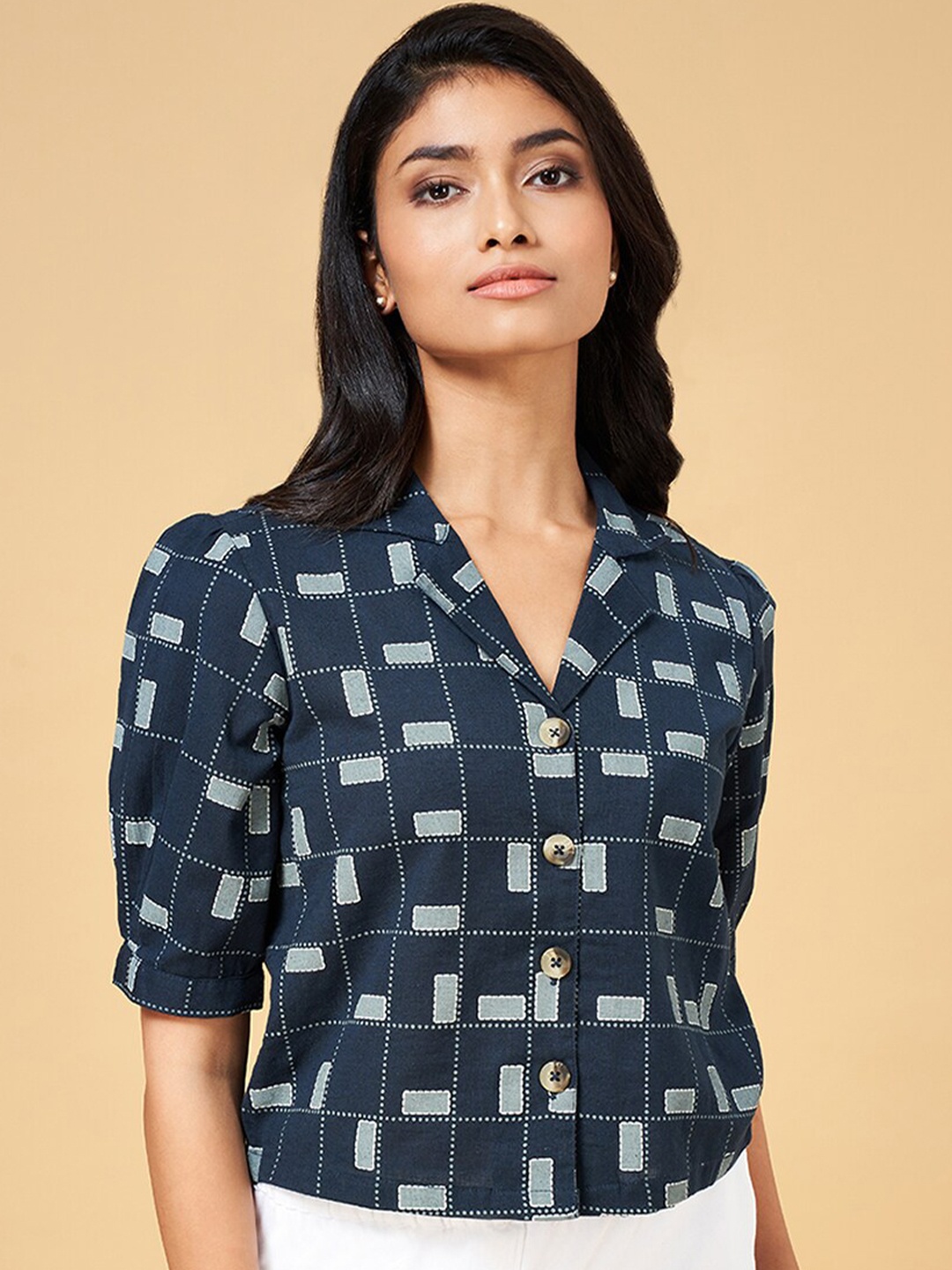 

AKKRITI BY PANTALOONS Geometric Printed Cotton Shirt Style Top, Navy blue