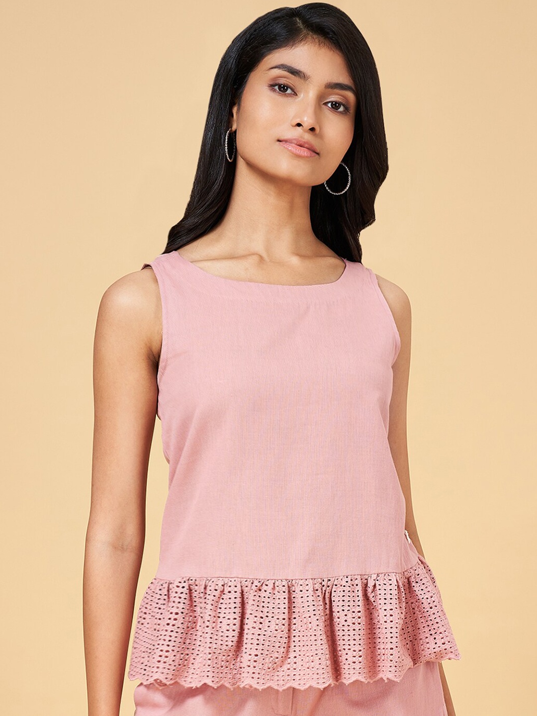 

AKKRITI BY PANTALOONS Boat Neck Cotton Peplum Top, Pink