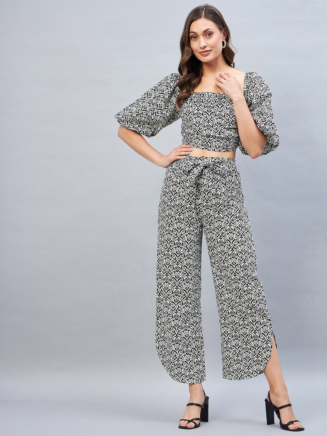 

DELAN Printed Pure Cotton Crop Top With Palazzos Co-Ords, Black