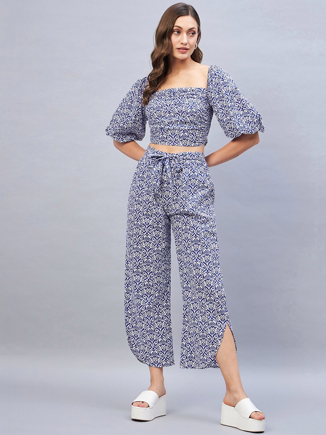 

DELAN Printed Pure Cotton Crop Top With Palazzos Co-Ords, Blue