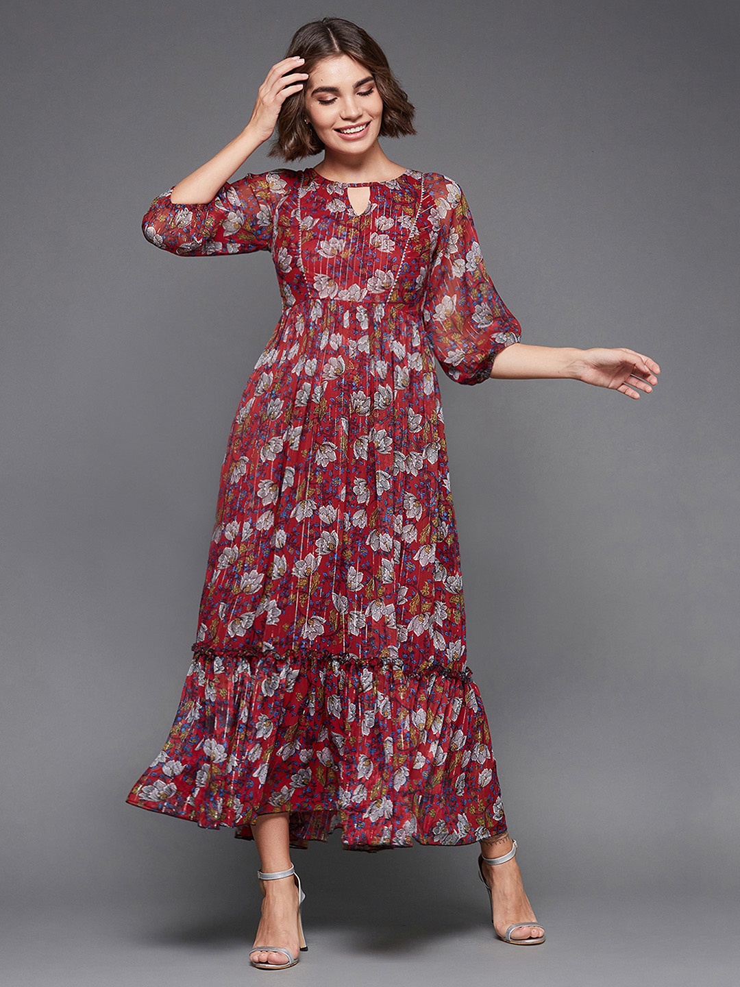 

Miss Chase Maroon Floral Print Keyhole Neck Chiffon Maxi Dress, Multi