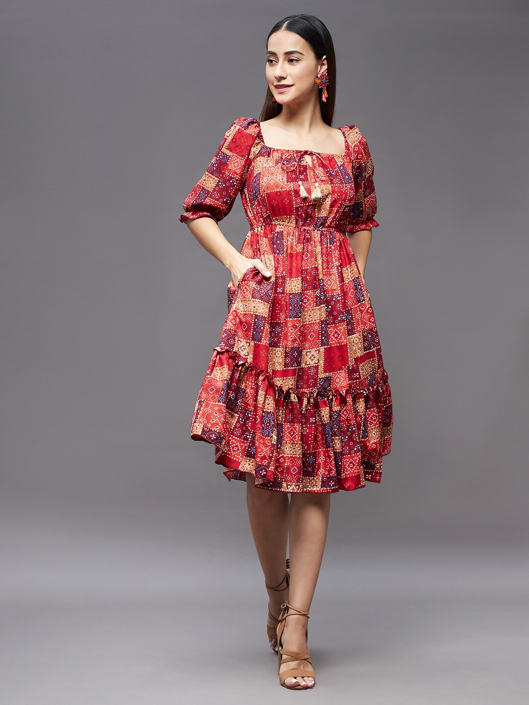 

Miss Chase Square Neck Geometric Print Puff Sleeve A-Line Dress, Multi