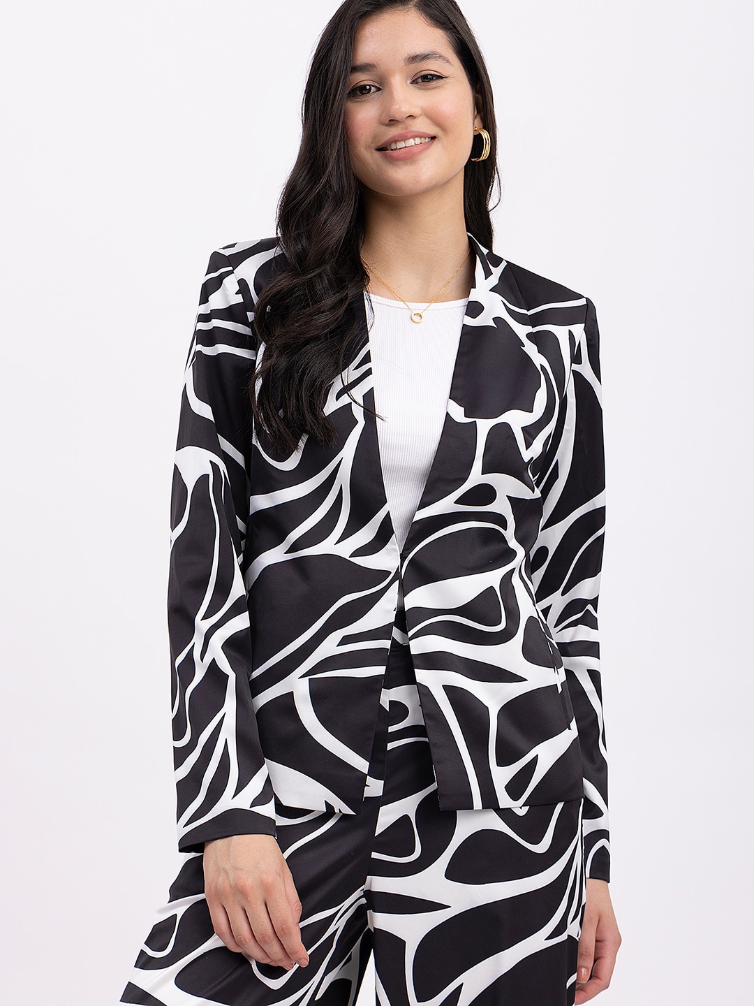 

FableStreet Animal Printed Longline Tailored Jacket, Black