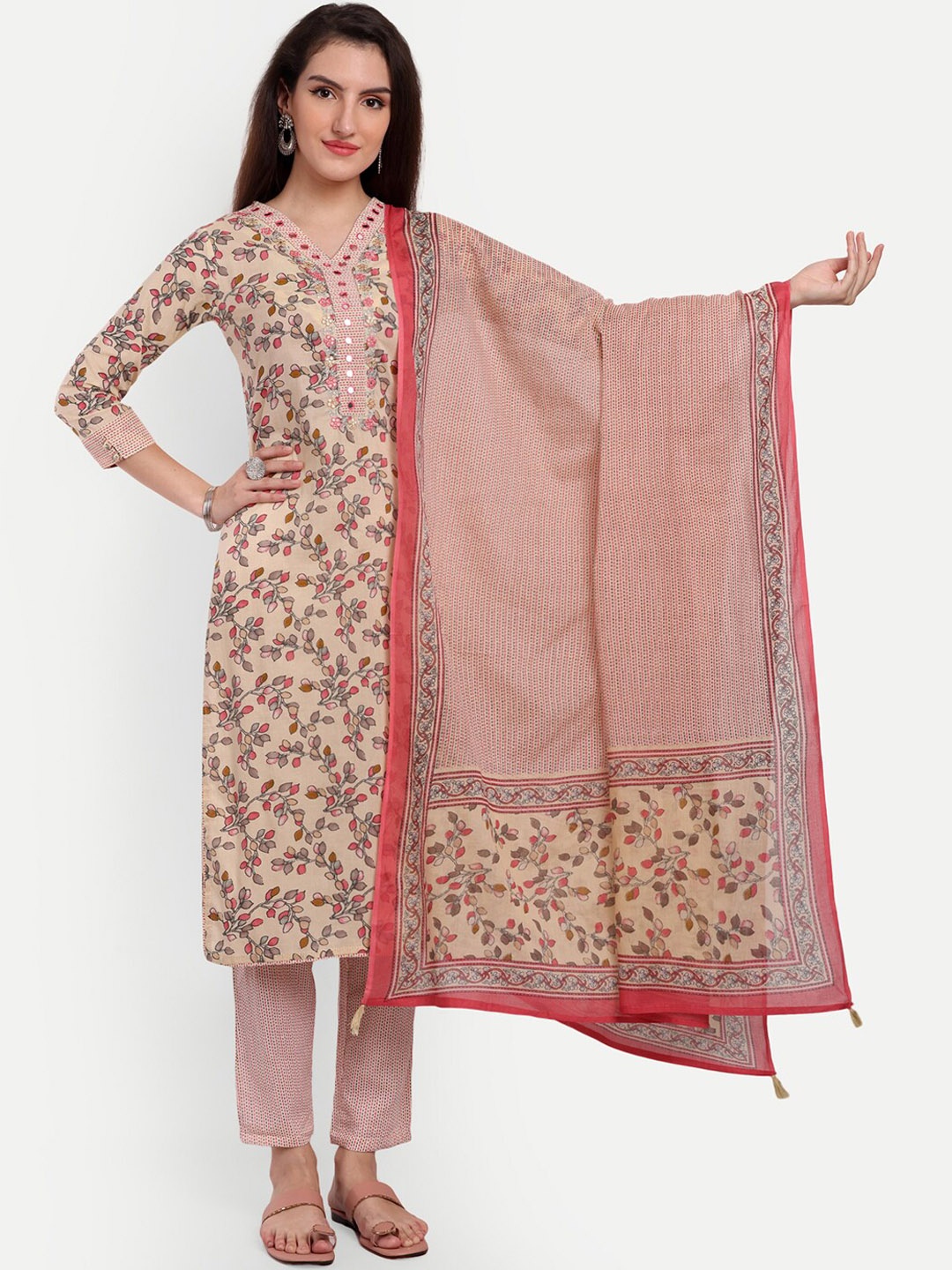 

KASHEEDA Floral Printed Mirror Work Pure Cotton Kurta with Trousers & Dupatta, Beige