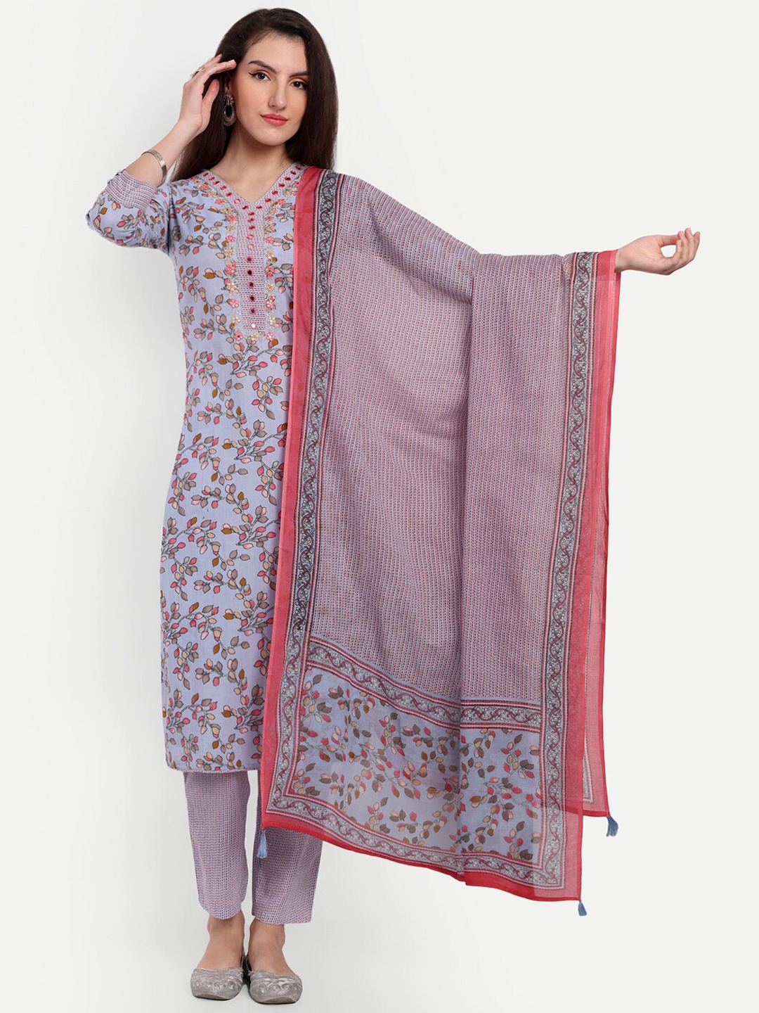 

KASHEEDA Ethnic Motif Printed Mirror Work Pure Cotton Kurta With Trousers & Dupatta, Blue