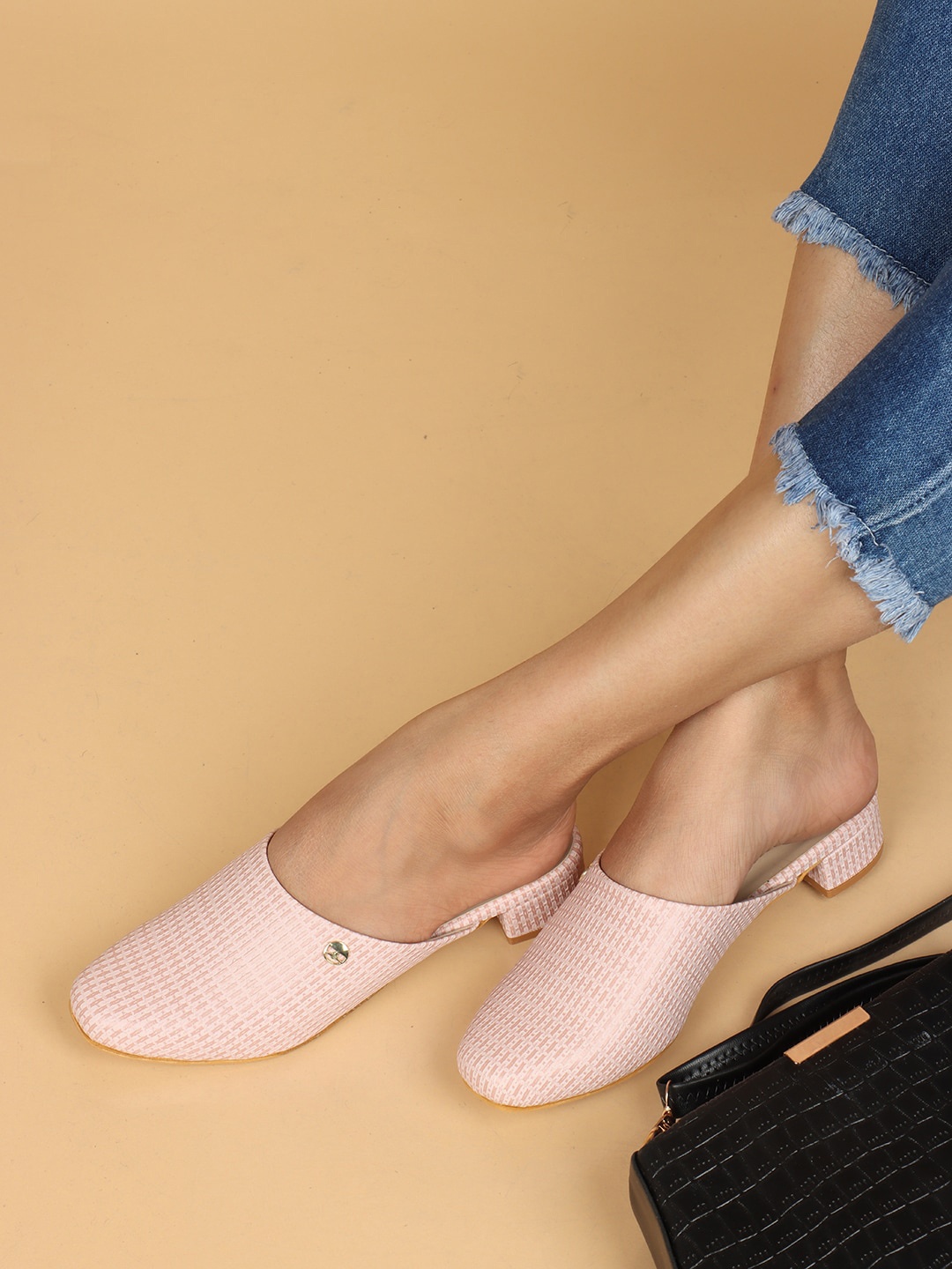 

ELLE Textured Casual Block Mules, Peach