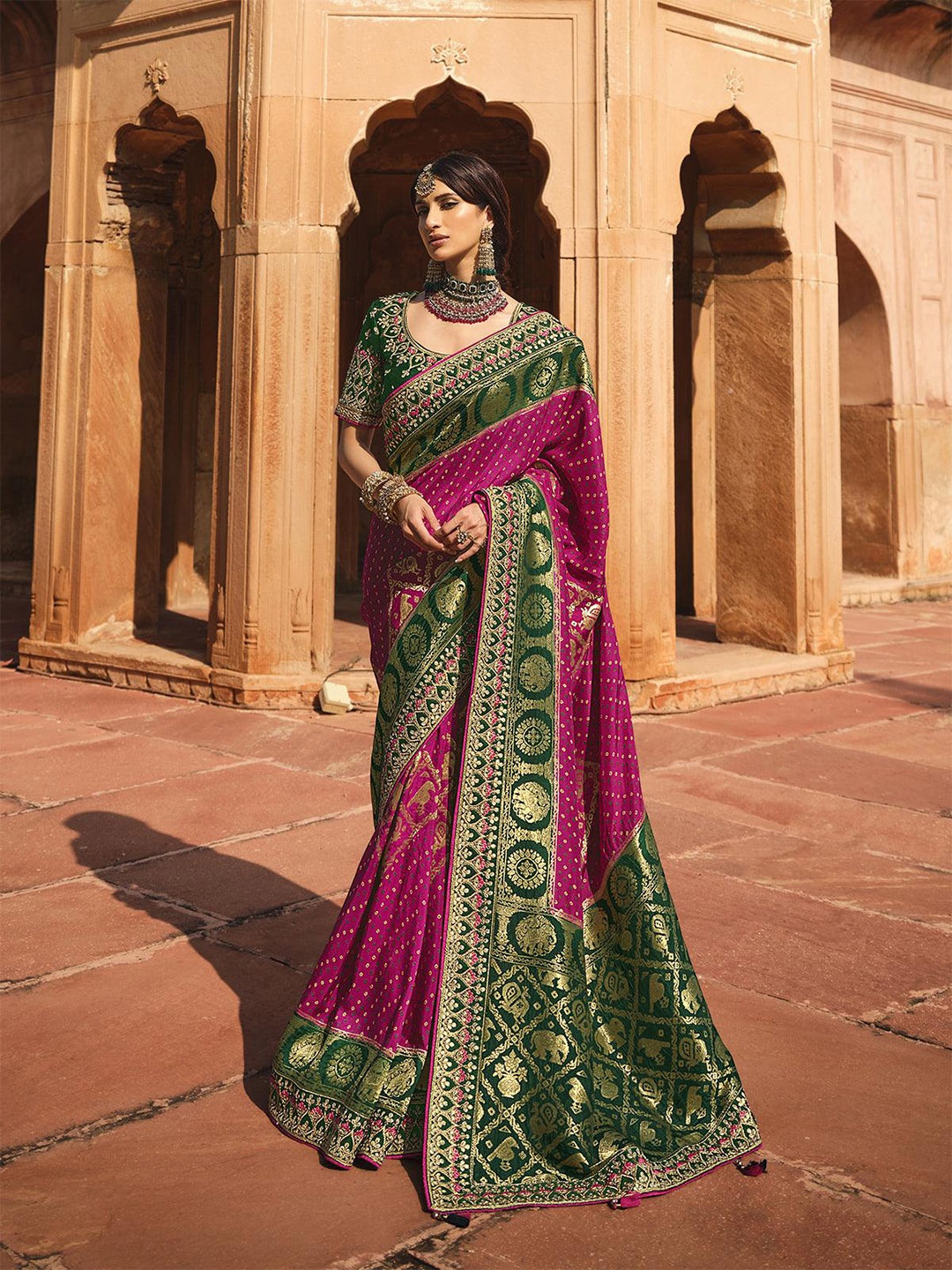 

ODETTE Bandhani Printed Embroidered Saree, Pink
