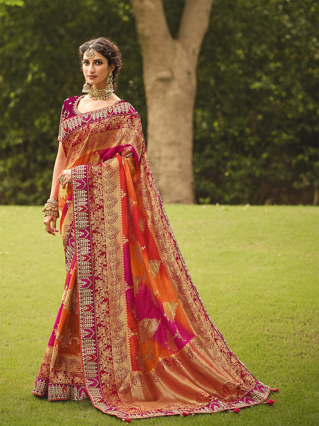 

ODETTE Ethnic Motif Woven Design Embroidered Saree, Orange