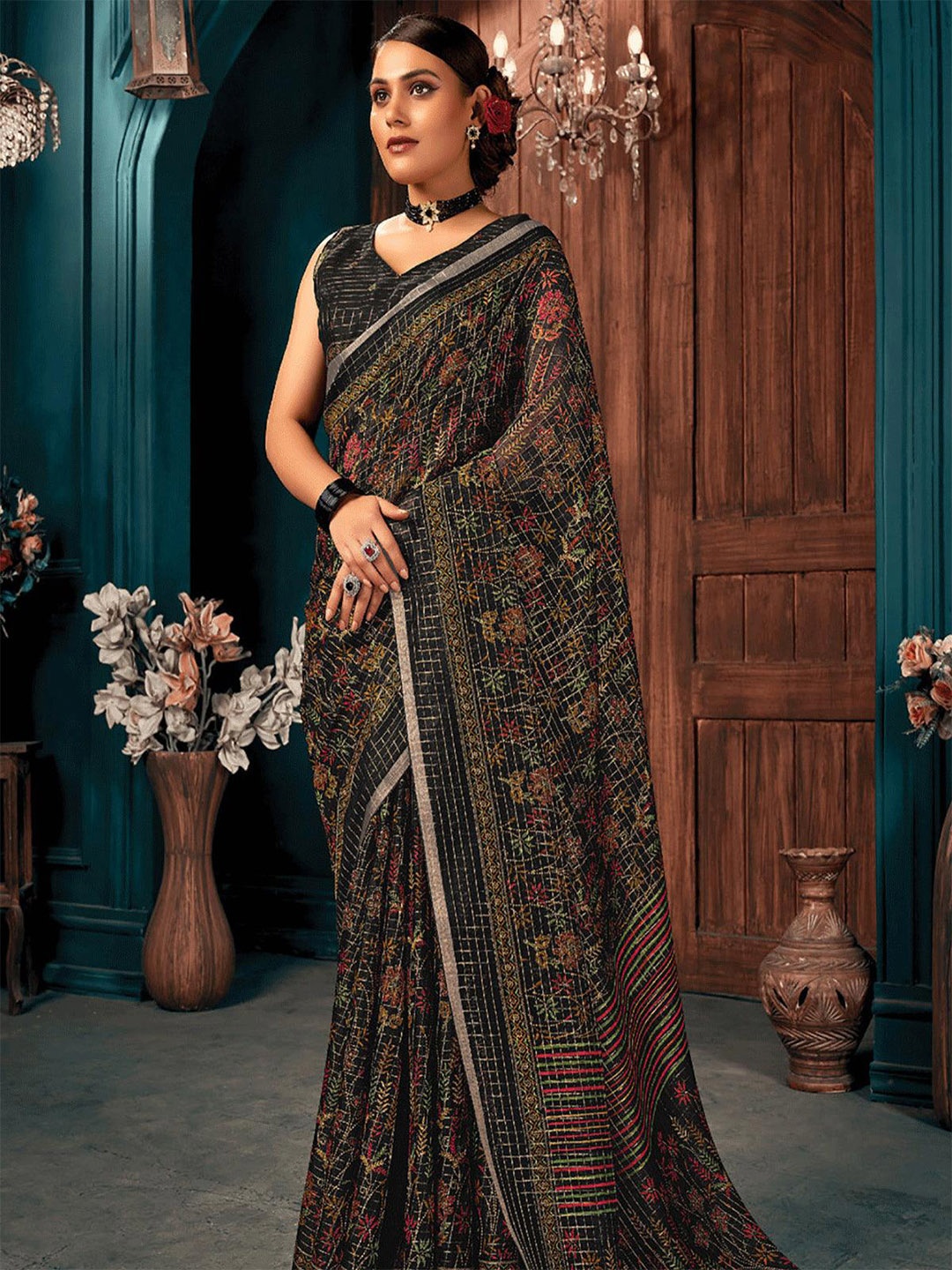 

ODETTE Ethnic Woven Design Zari Saree, Black
