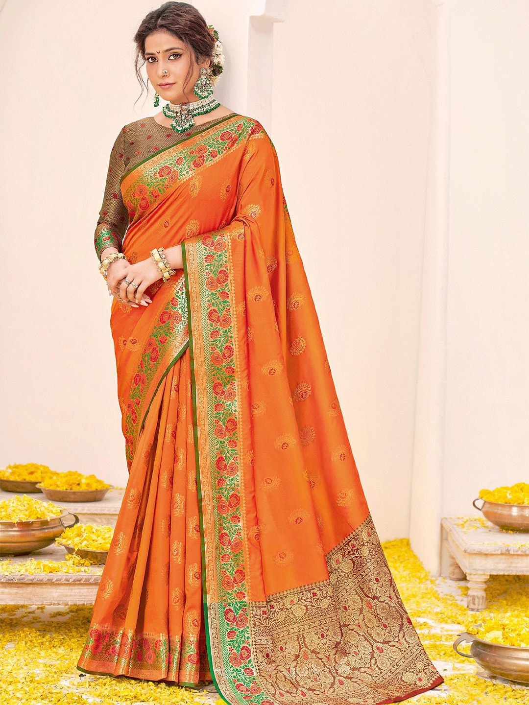 

ODETTE Floral Woven Design Zari Saree, Orange