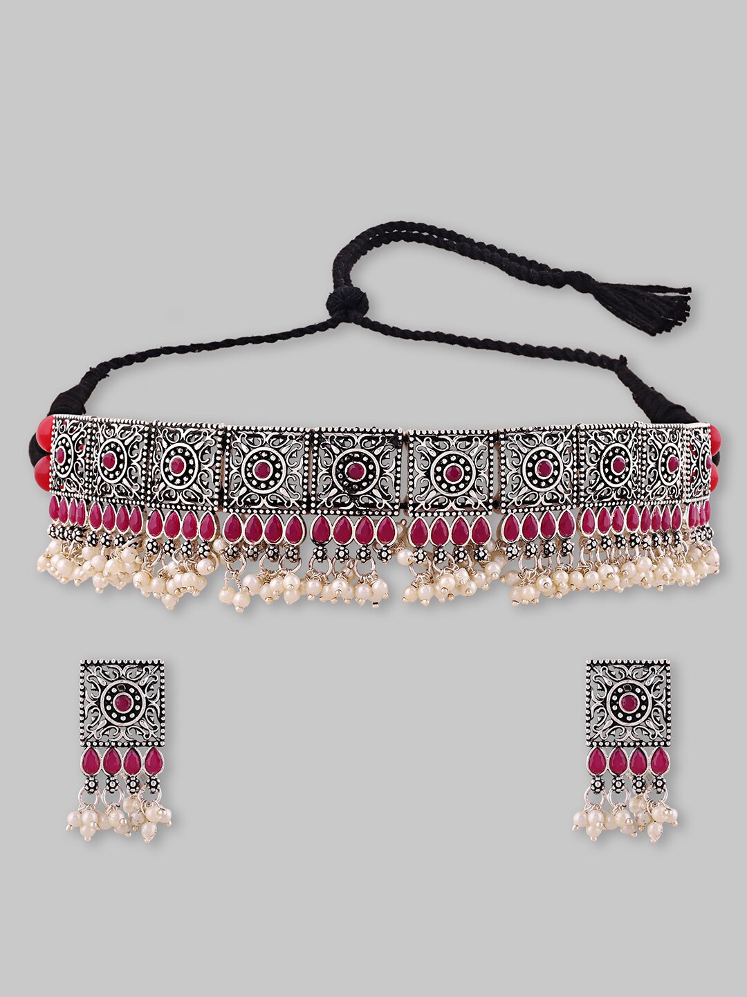 

Samridhi DC Silver-Plated Studded Oxidized Choker Jewellery Set