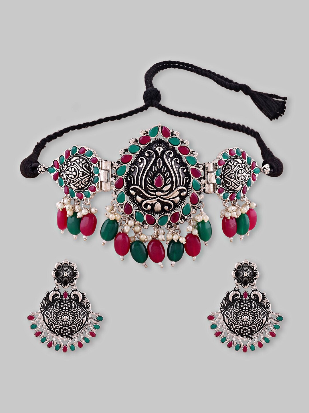 Samridhi DC Silver-Plated Stone Studded & Beaded Necklace & Earring Set, Green
