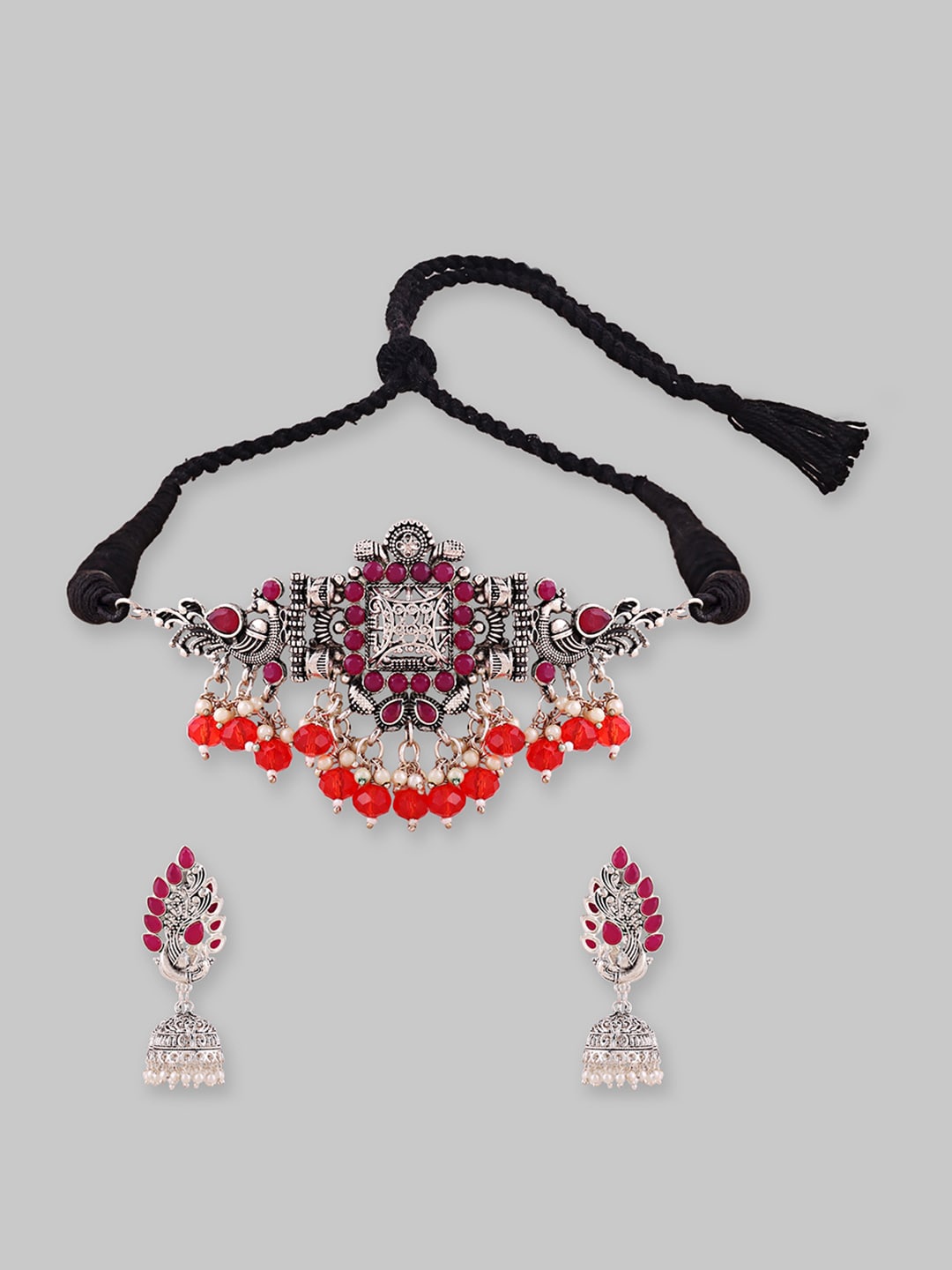 

Samridhi DC Silver-Plated Kundan-Studded and beaded Necklace & Earrings Set, Maroon
