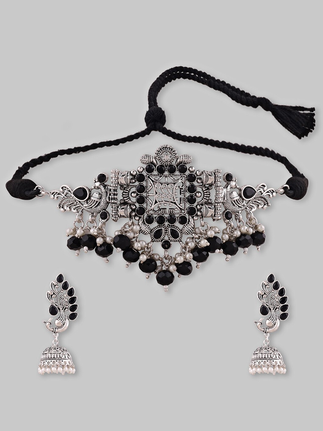 

Samridhi DC Silver-Plated Stone Studded & Beaded Necklace & Earrings Set, Black