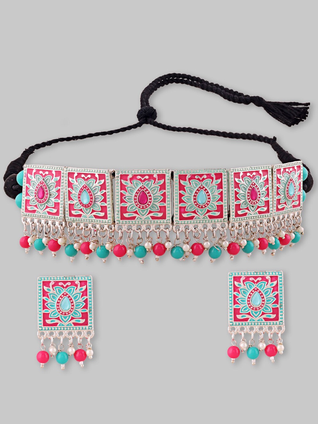 

Samridhi DC Silver-Plated Stone Studded & Beaded Meenakari Necklace & Earrings Set