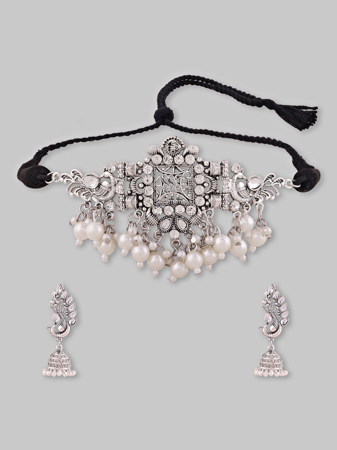 

Samridhi DC Silver-Plated Stone-Studded & Beaded Jewellery Set