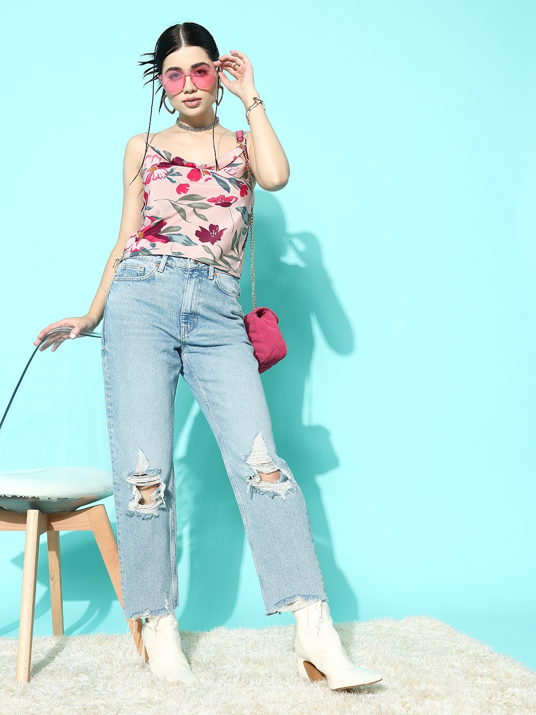 

Berrylush Floral Print Cowl Neck Top, Pink