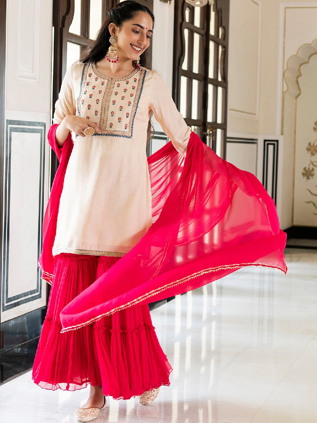 

EverBloom Floral Embroidered Sequined Chanderi Silk Kurti with Sharara & Dupatta, Beige