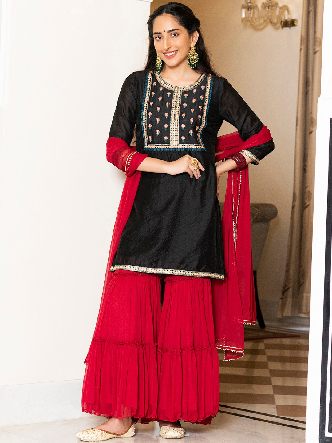 

EverBloom Floral Embroidered Chanderi Silk Kurti with Sharara & Dupatta, Black