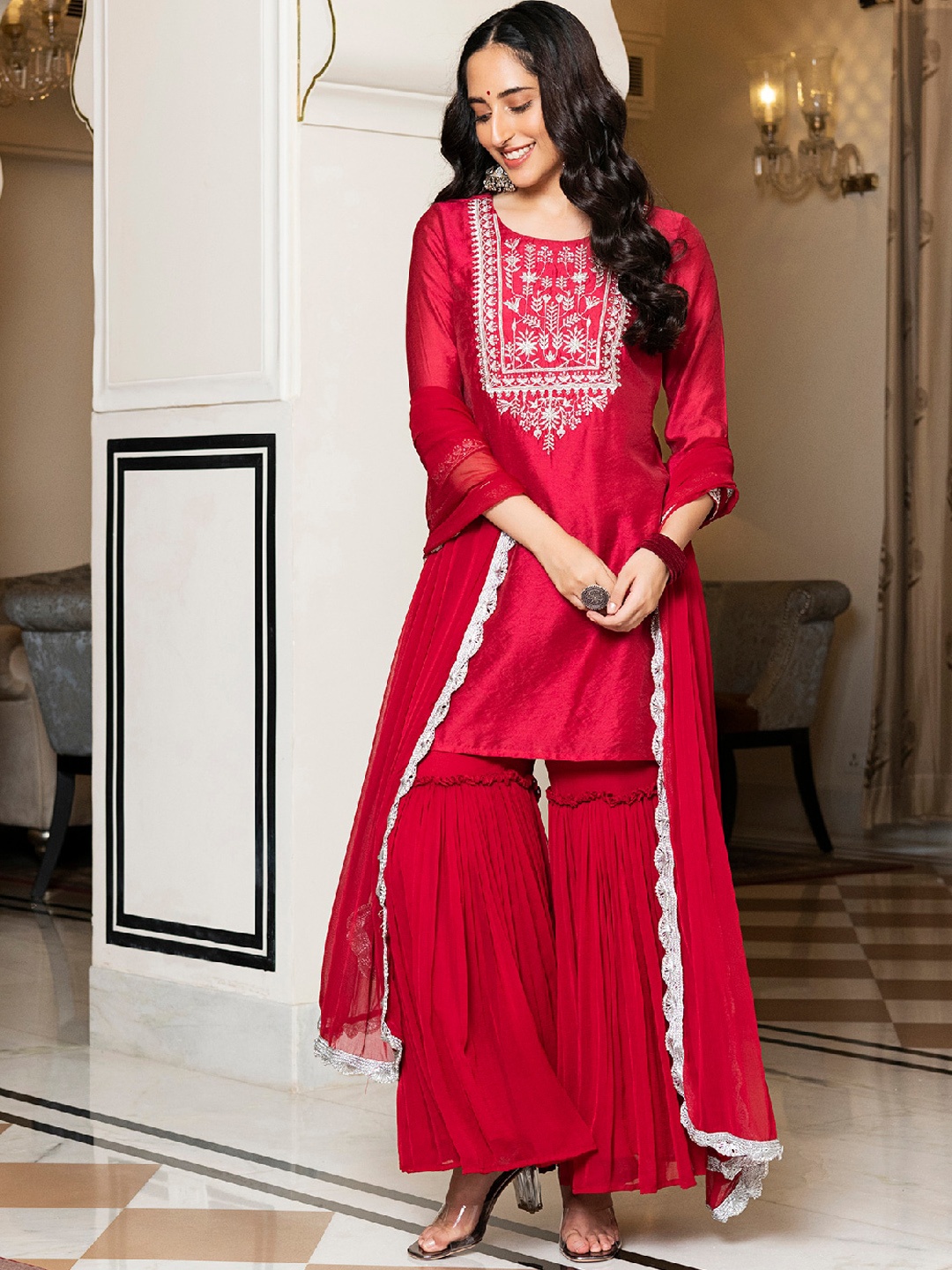 

EverBloom Ethnic Motifs Embroidered Gotta Patti Chanderi Silk Kurta with Sharara & Dupatta, Red