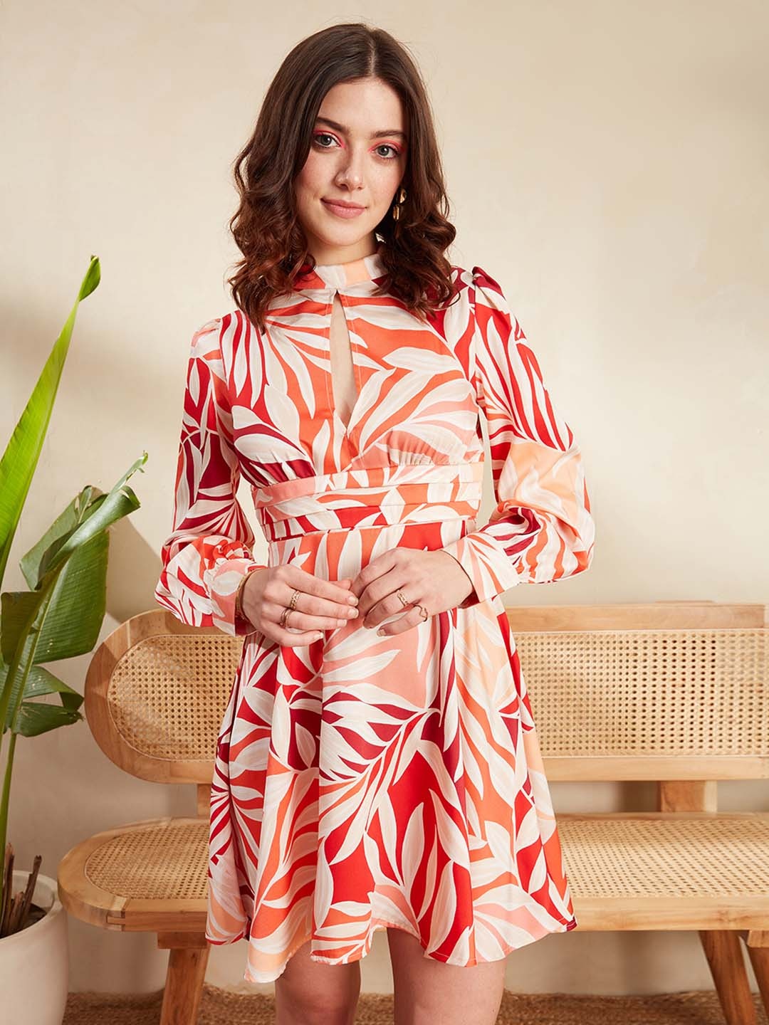 

Berrylush Tropical Print Satin A-Line Mini Dress, Pink
