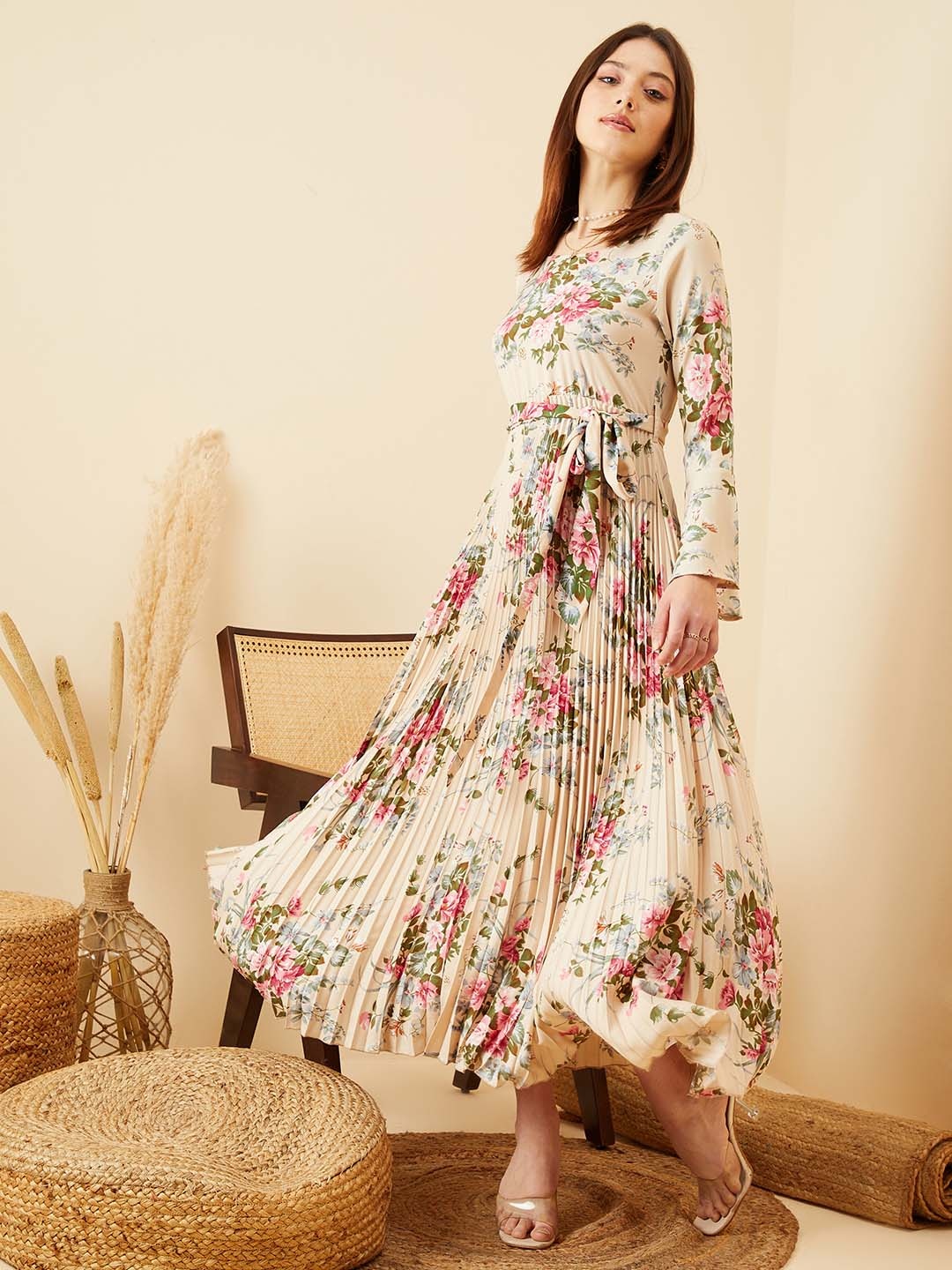 

Berrylush Floral Print Bell Sleeve Crepe A-Line Maxi Dress, Beige