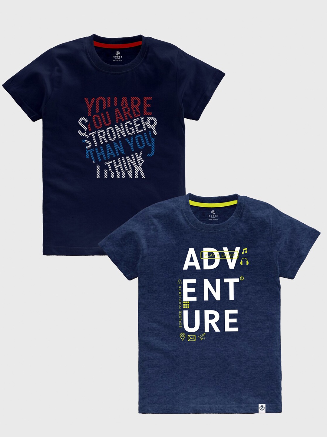 CODEZ Boys Pack OF 2 Typography Printed Cotton T-shirt, Navy blue