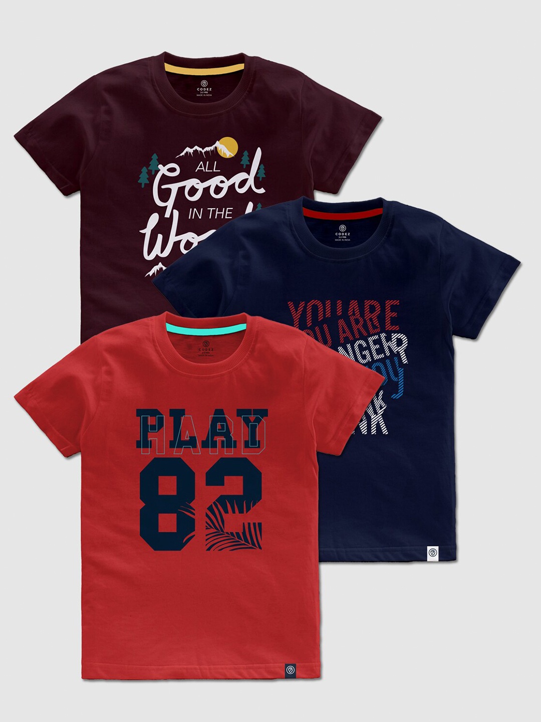 

CODEZ Boys Pack Of 3 Typography Printed Cotton T-shirt, Maroon