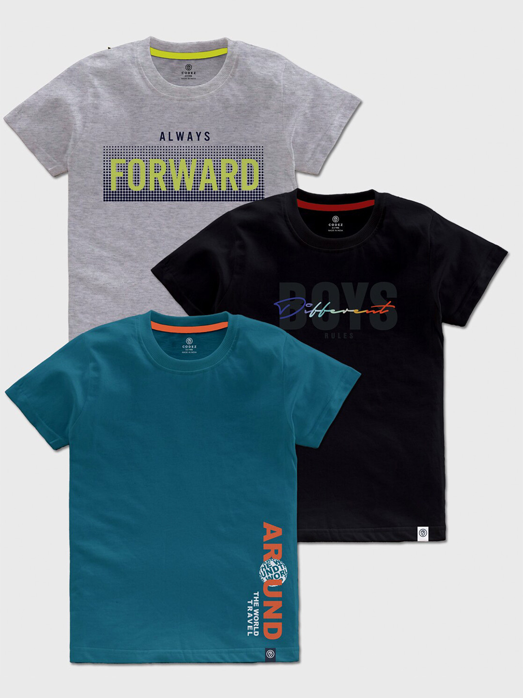 

CODEZ Boys Pack OF 3 Typography Printed Cotton T-shirt, Grey