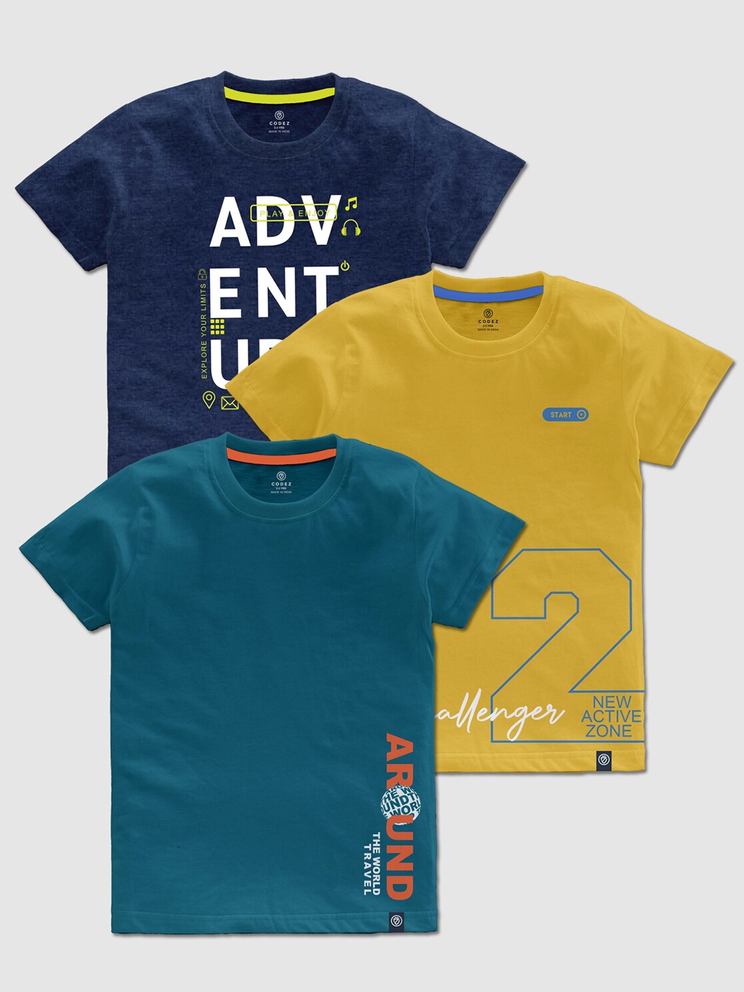 CODEZ Boys Pack Of 3 Typography Printed Cotton T-shirt, Teal