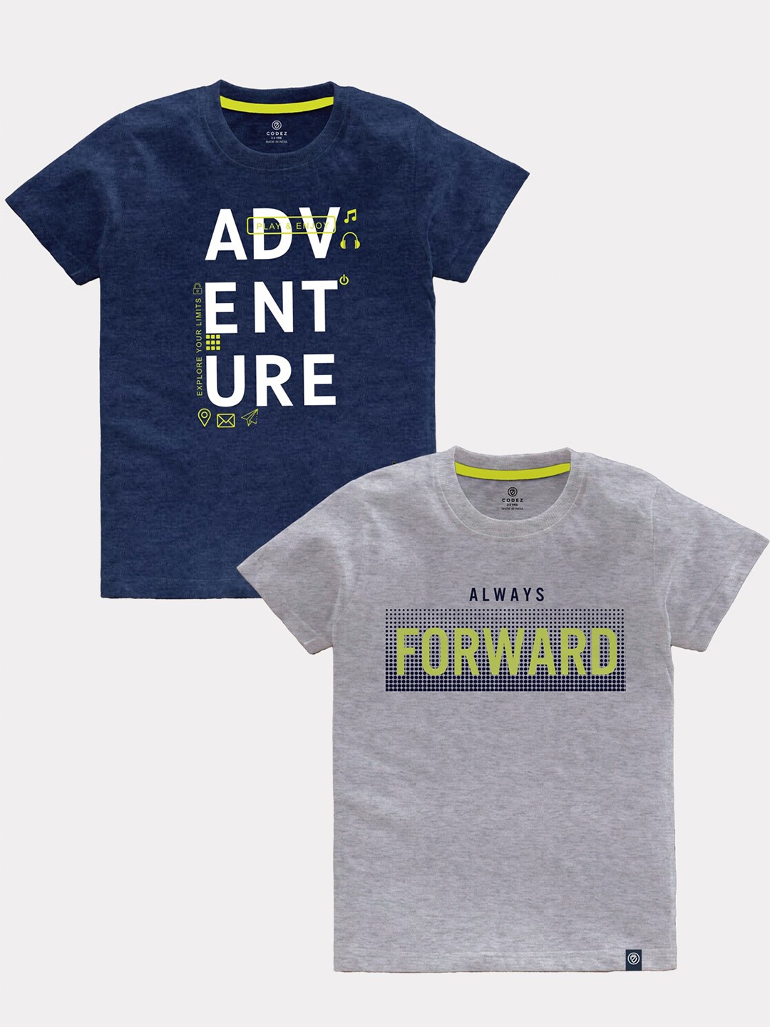 CODEZ Boys Pack Of 2 Typography Printed Round Neck Cotton T-shirts, Navy blue