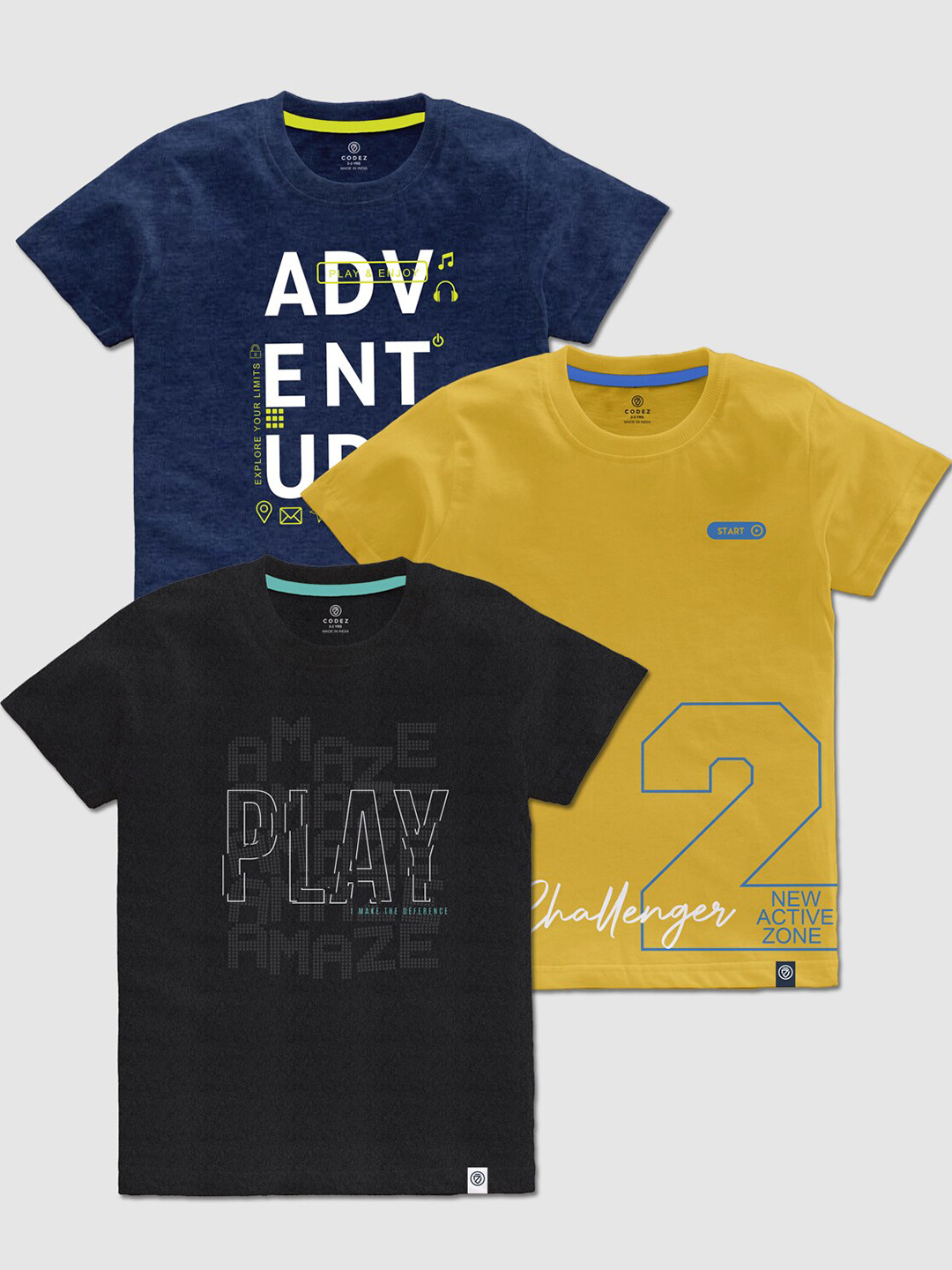 

CODEZ Boys Pack Of 3 Typography Printed Cotton T-shirts, Mustard