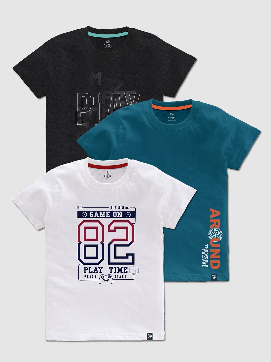 

CODEZ Boys Pack Of 3 Typography Printed Cotton T-shirts, White