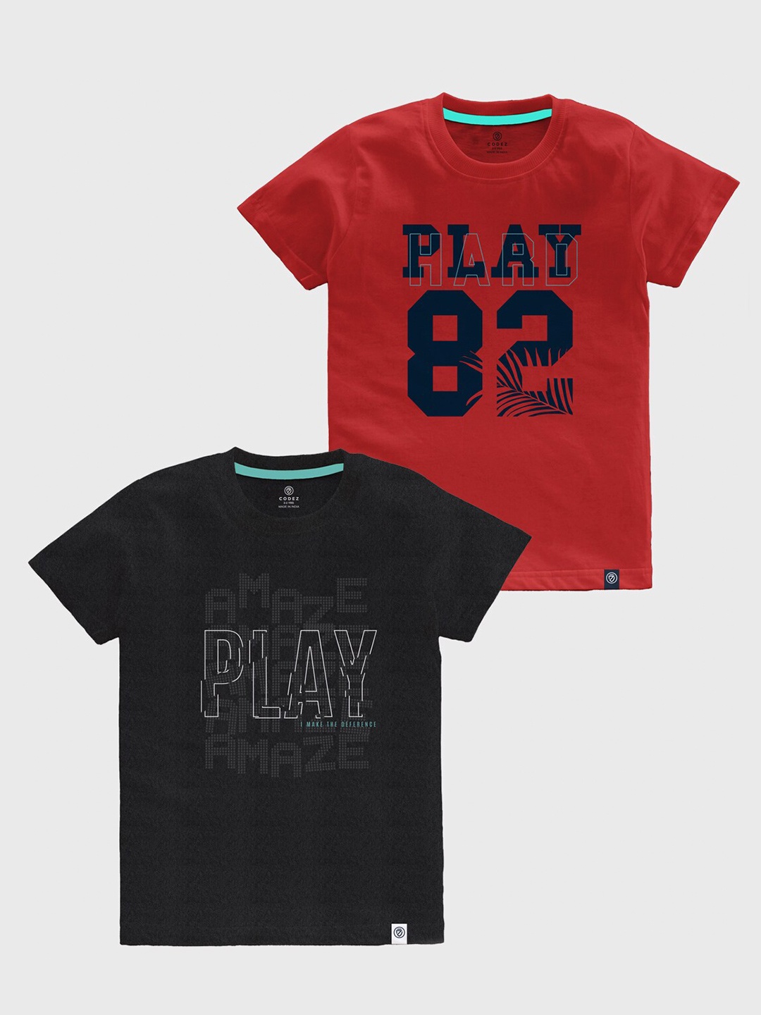 

CODEZ Boys Pack Of 2 Typography Printed Round Neck Cotton T-shirts, Red