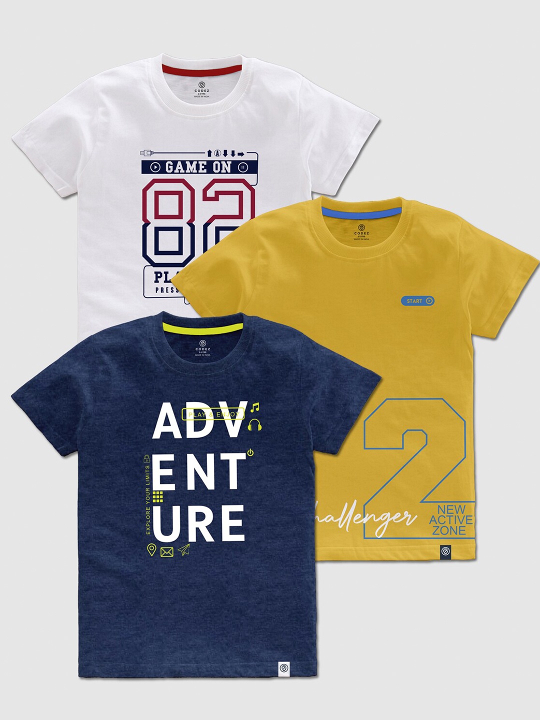 

CODEZ Boys Pack Of 3 Typography Printed Cotton T-shirts, Navy blue