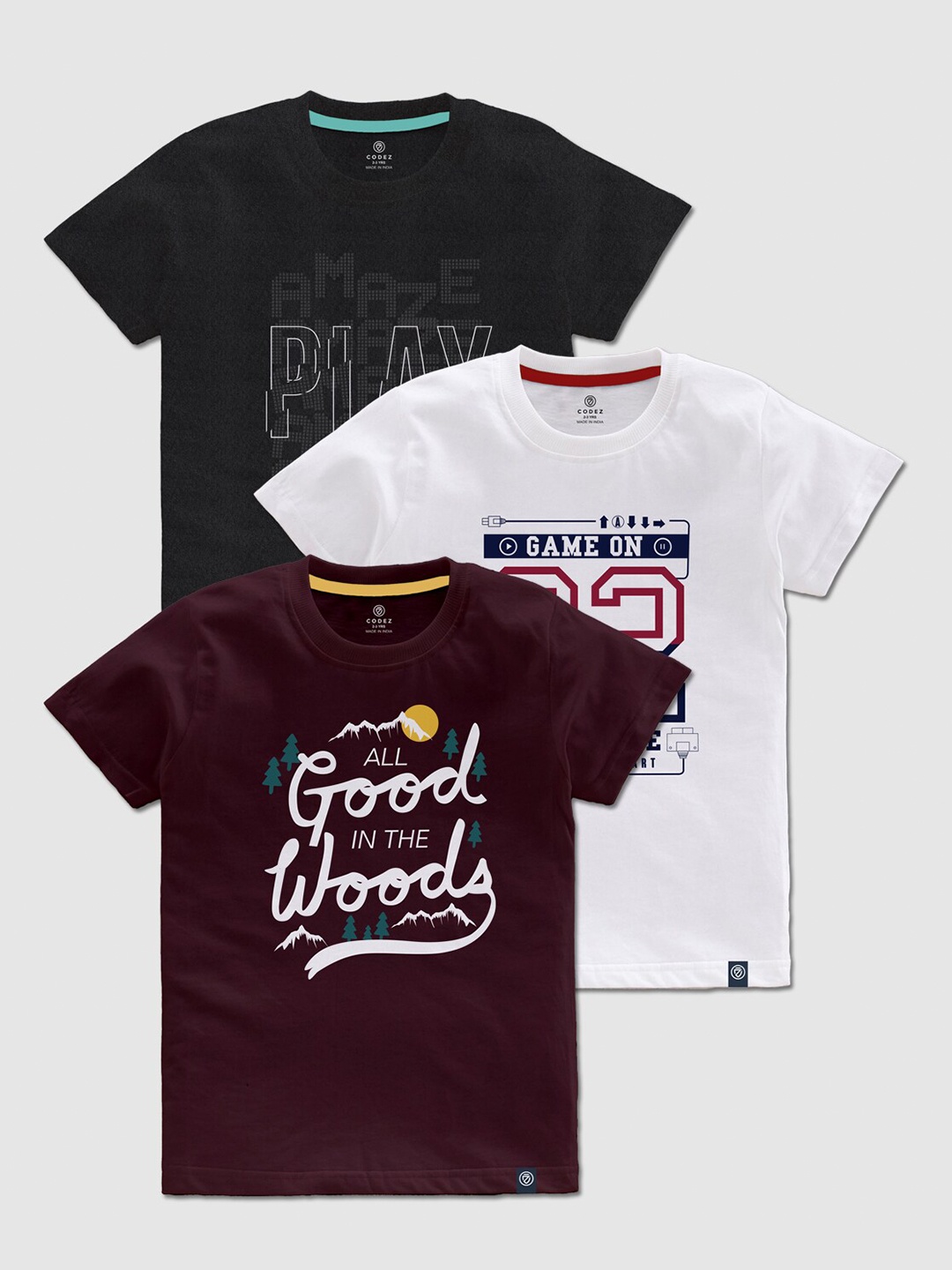 

CODEZ Boys Pack Of 3 Typography Printed Cotton T-shirts, Maroon