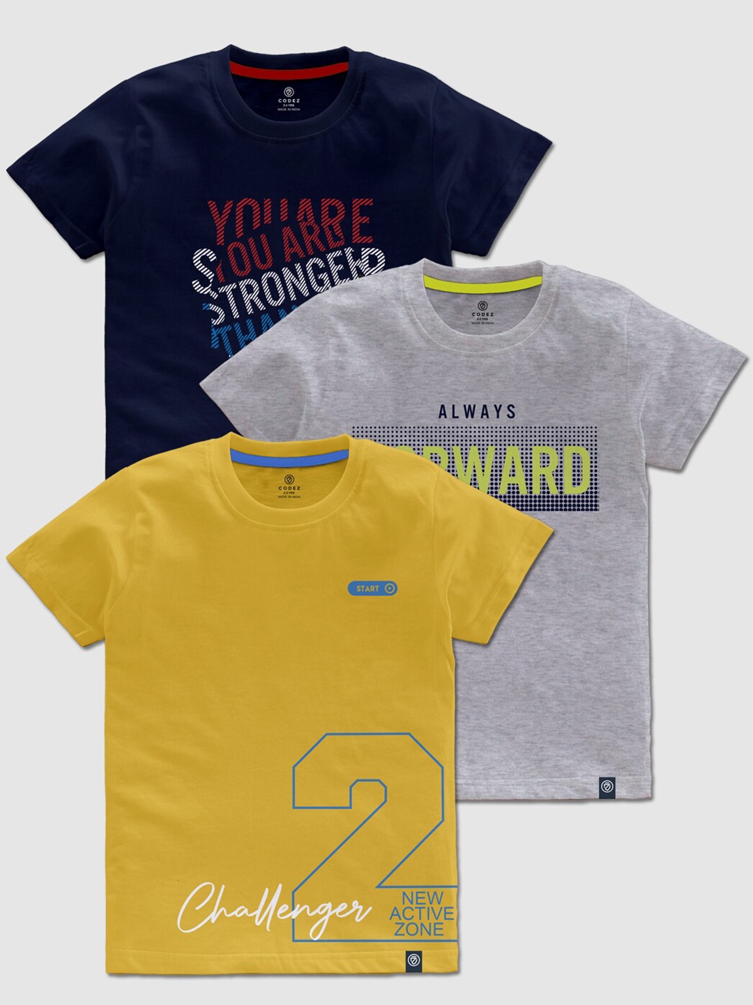 

CODEZ Boys Pack Of 3 Typography Printed Cotton T-shirts, Mustard